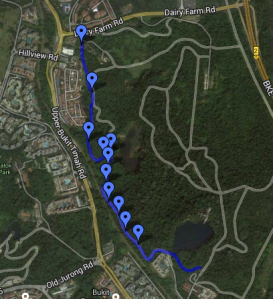 Map of the route from Dairy Farm to BTNR Visitor Centre via mountain biking trail
